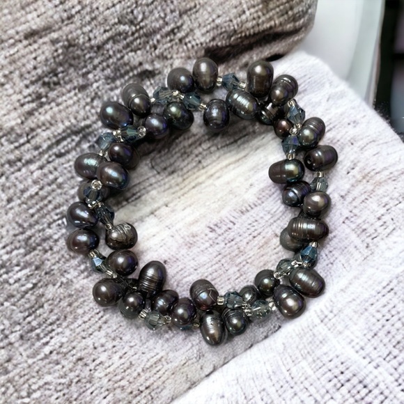 Black FWC pearls and beads stretch bracelet 2 strands intertwined handmade - Picture 1 of 4